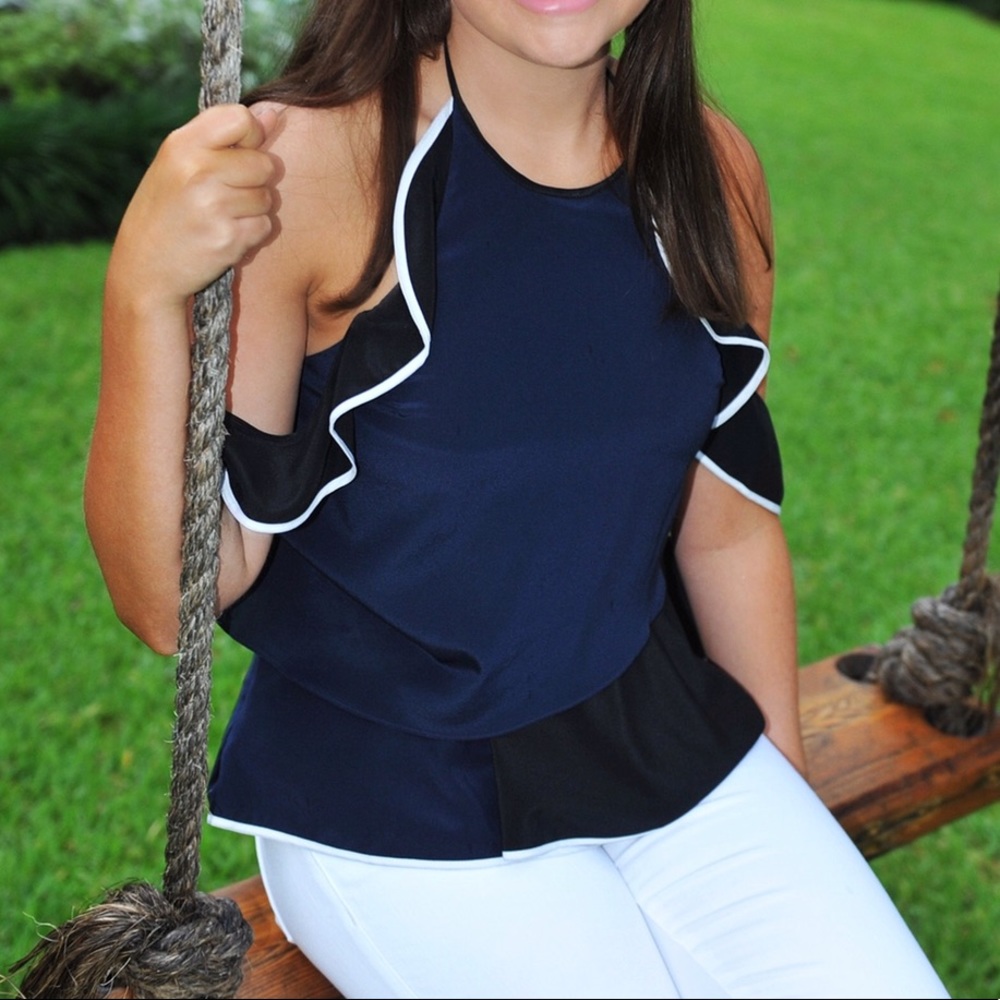 Jonathan Simkhai Navy Ruffle Halter Top 0